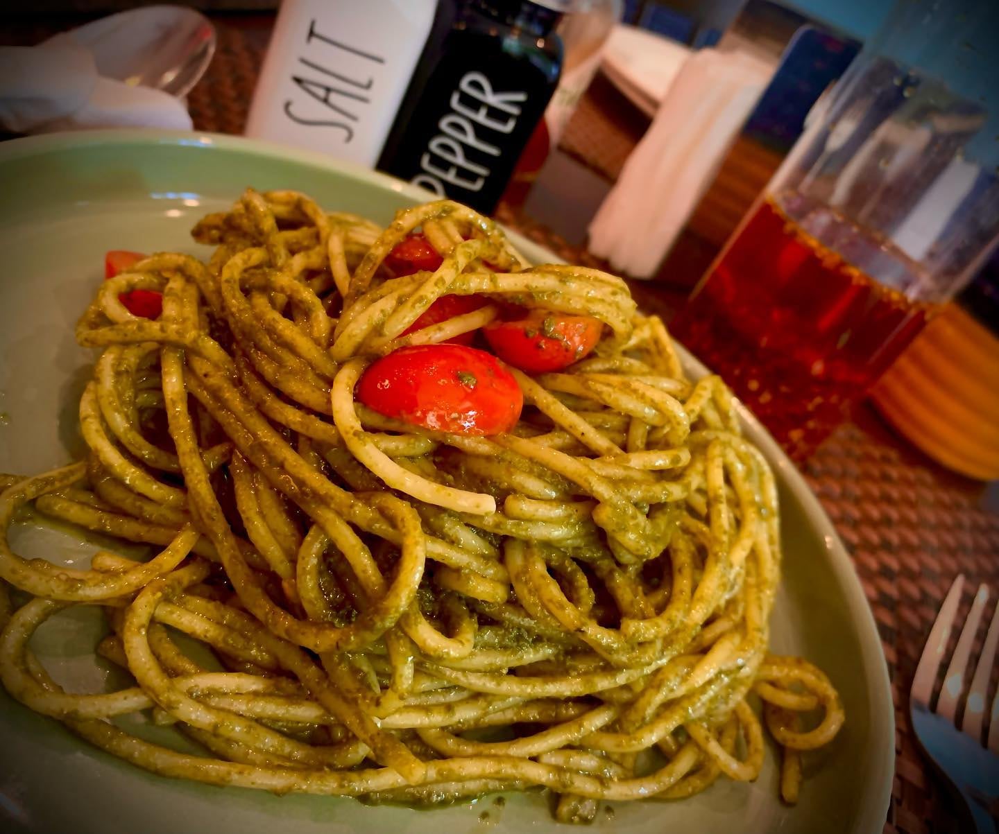 The pesto pasta is a must for those who love bold, aromatic flavors in a classic Italian dish